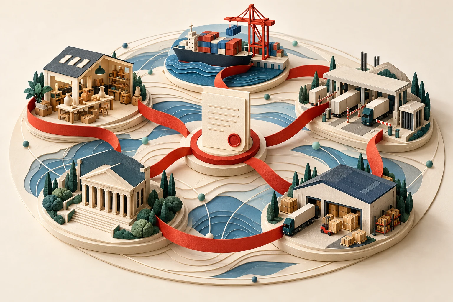 Circular paper diorama connecting an SME, freight, a border, a buyer and finance around one central shipment record