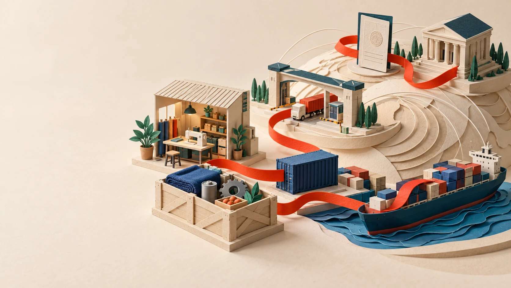 Paper diorama of a small workshop, shipment, border, product record and finance institution connected by one red data route