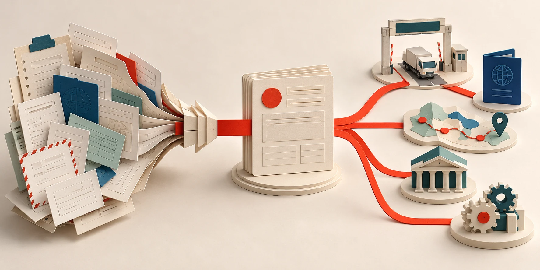 Paper diorama showing many export documents converging into one trusted record and flowing to customs, a passport, traceability, finance and automation